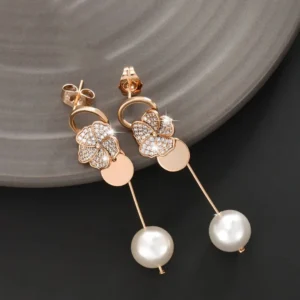Flower with pearl Drop Earrings - Image 5