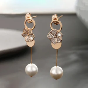 Flower with pearl Drop Earrings - Image 3